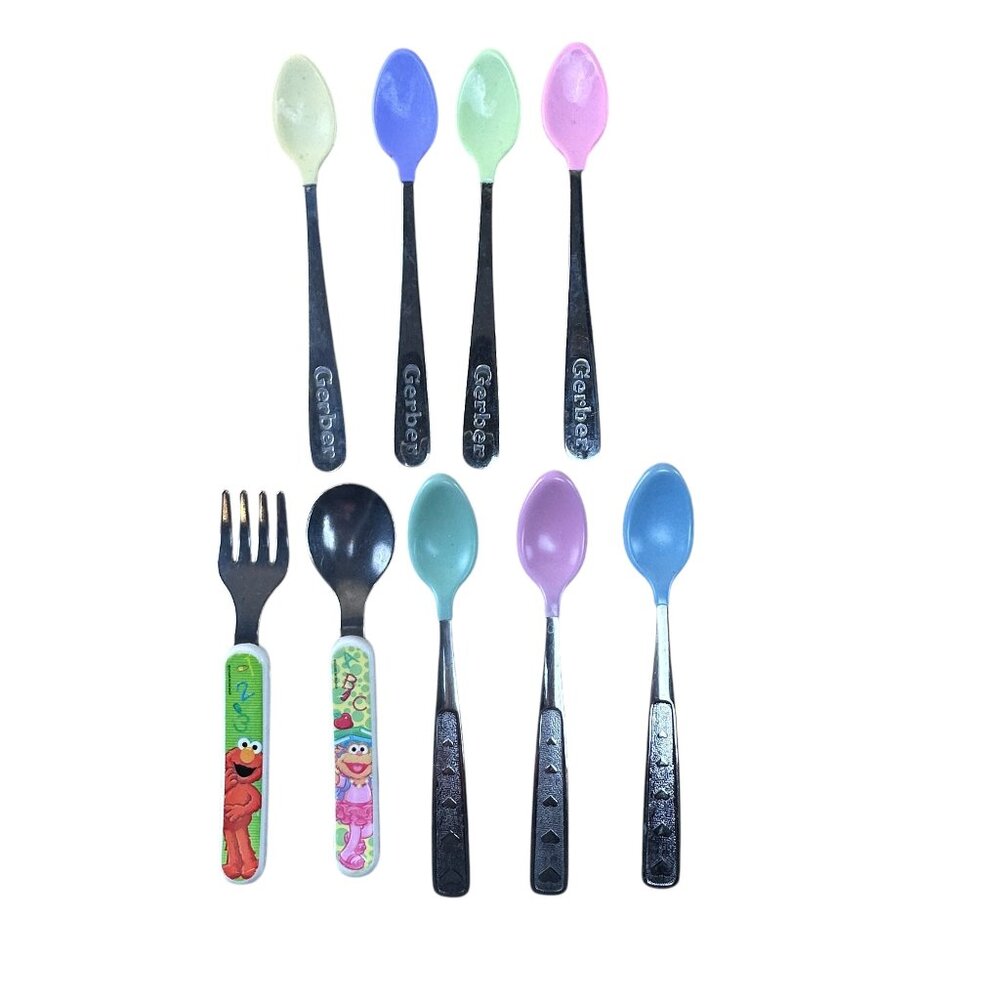 Baby Spoons Soft Tip Gerber The First Year Sesame Street Lot + Fork Stainless